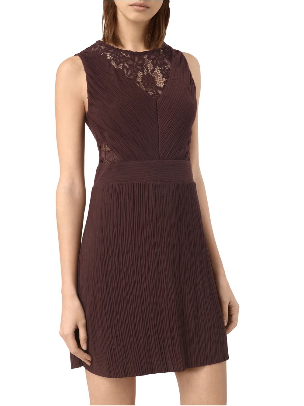 All Saints Ula Dress Chocolate Brown Pleated Lace Midi Dress
